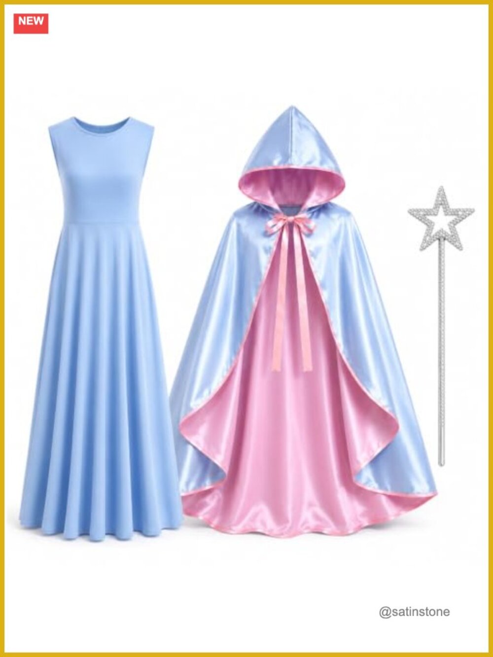 Fairy Godmother Costume Set Satin Cape Dress Star Wand Cosplay